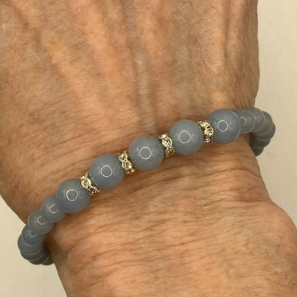 NWT Angelite Gemstone Bracelet Peru Gemstones 8mm, 6mm, 4mm + Rhinestones - Picture 2 of 11